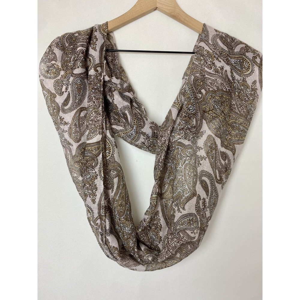 Women's Lightweight Infinity Scarf Brown Paisley Print with Blue & Yellow Tones